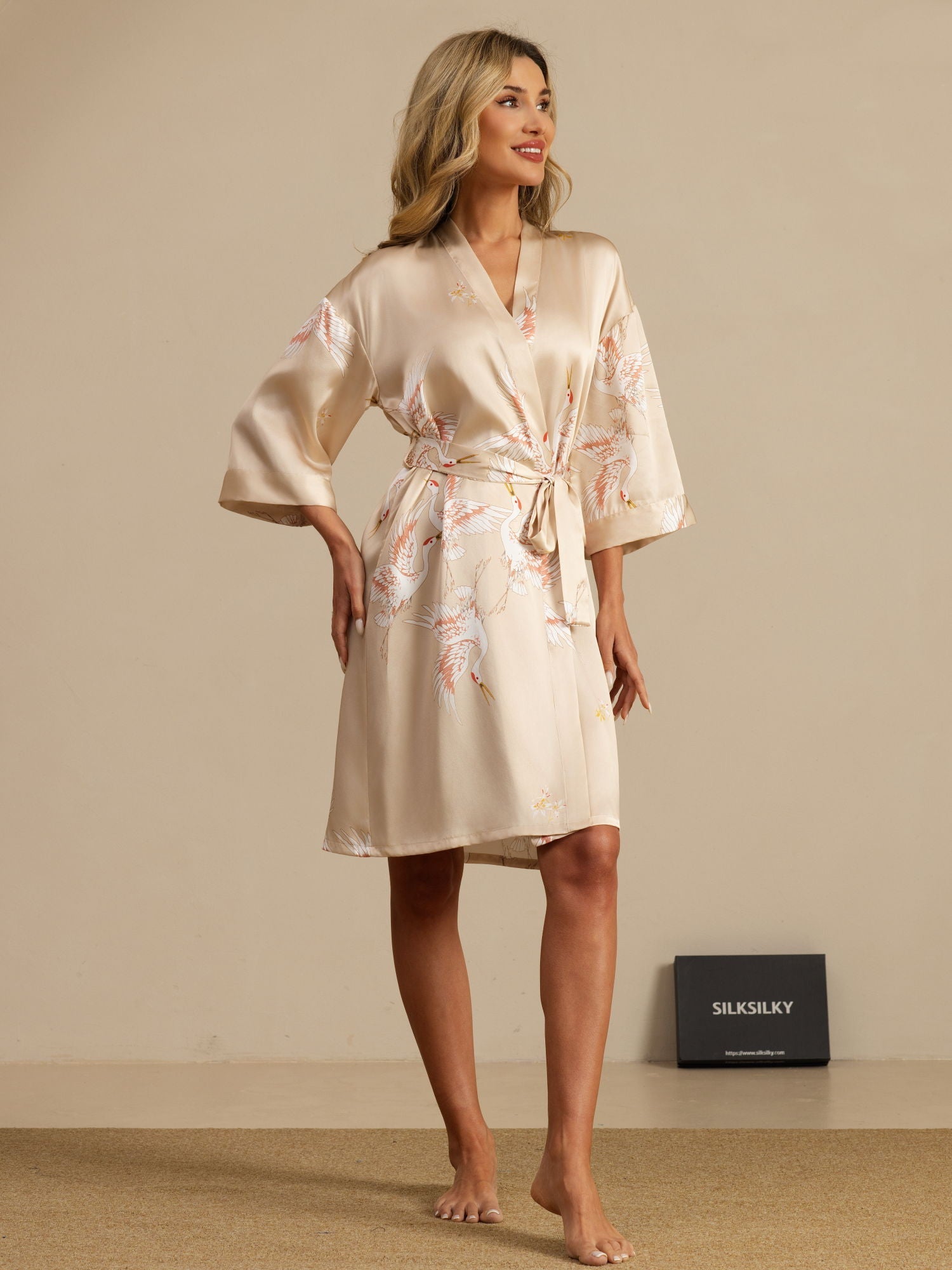 [Champagne] SilkSilky-AU 19Momme 3/4 Sleeve Women's Dressing Gown 006