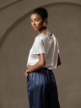 [Light Gray] SilkSilky-AU 19Momme Stretch Silk Charmeuse Short Sleeve Boat Neck Women's T-Shirt 004