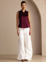 [Dark Red] SilkSilky-AU Sleeveless Lapel Collar Women's Shirt 005