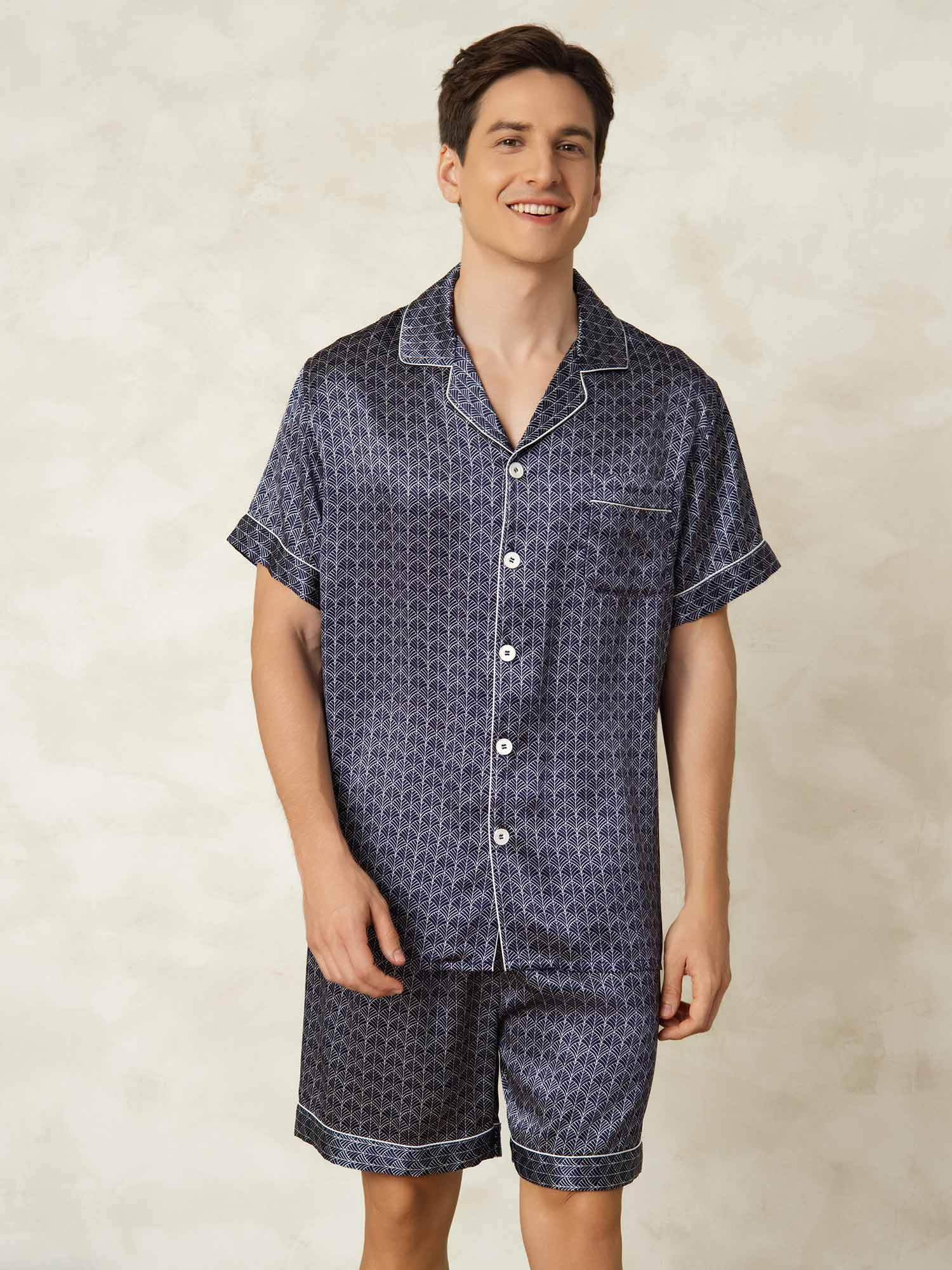 [Navy Ginkgo] SilkSilky-AU Short Sleeve Lapel Collar Men's Pyjamas 001
