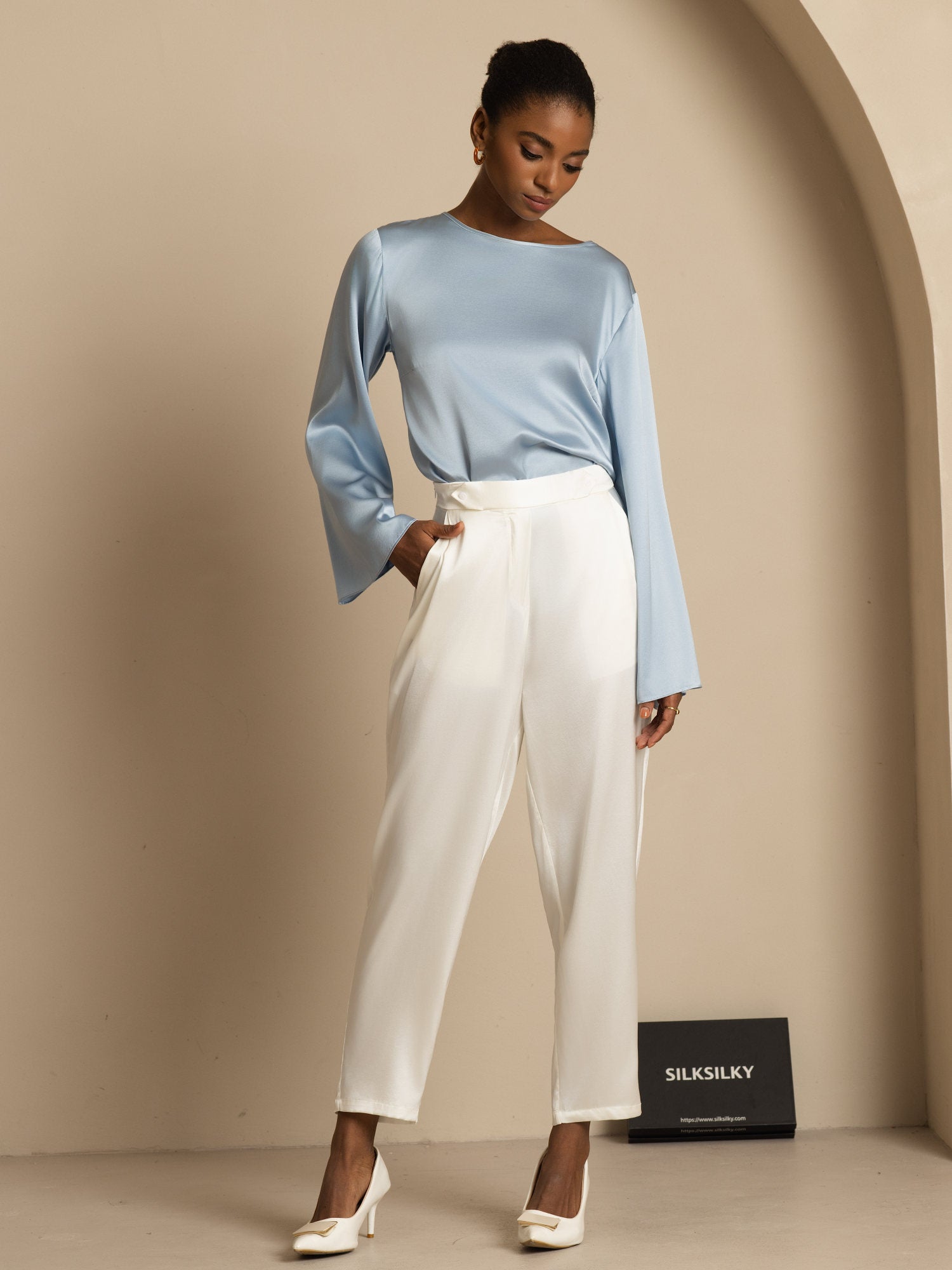 [White] SilkSilky-AU 19Momme Silk Womens Pants 006