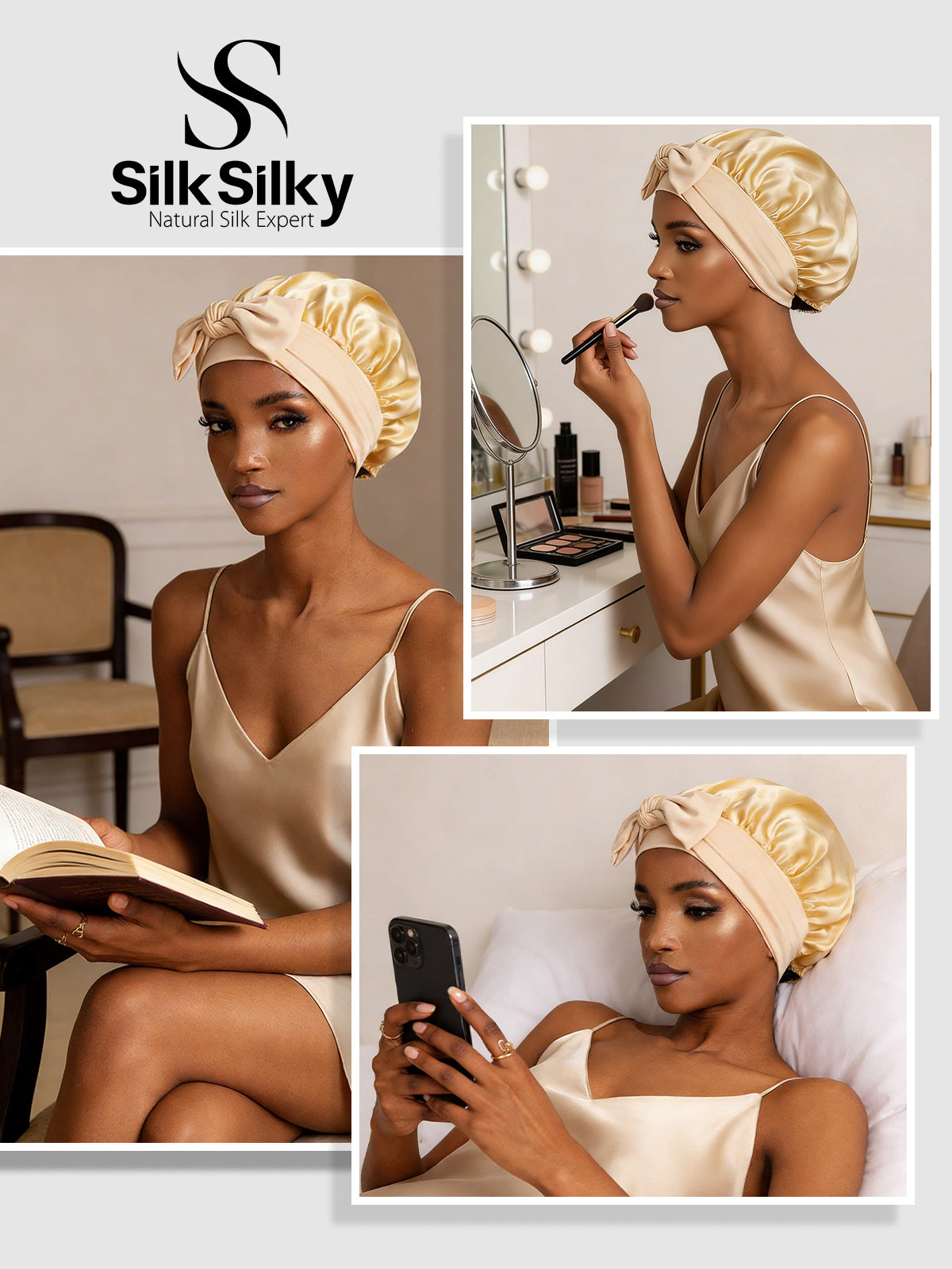 [Champagne] SilkSilky-AU Pure Silk Sleep Cap 005