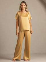 [Tan] SilkSilky-AU 19Momme Machine-Washable Silk Short Sleeve Women's Pyjamas 008