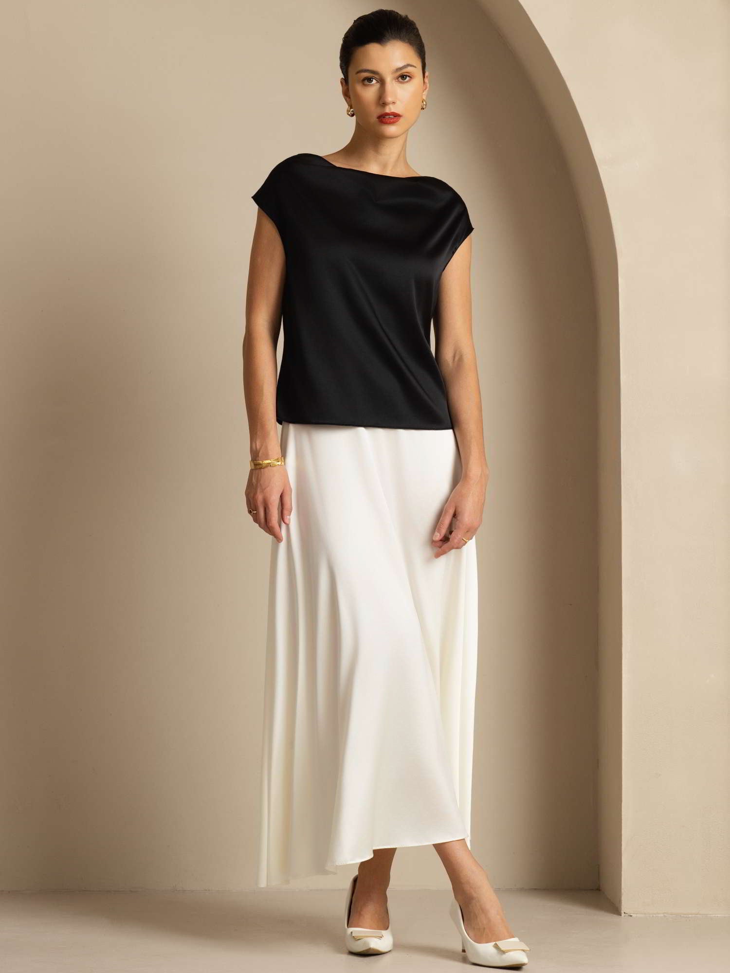 [Black] SilkSilky-AU 19Momme Silk Sleeveless Cowl Neck Women's T-Shirt 007