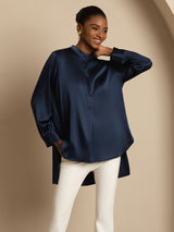 [Dark Blue] SilkSilky-AU 19Momme Stretch Silk Charmeuse Long Sleeve Stand Collar Blouse 006