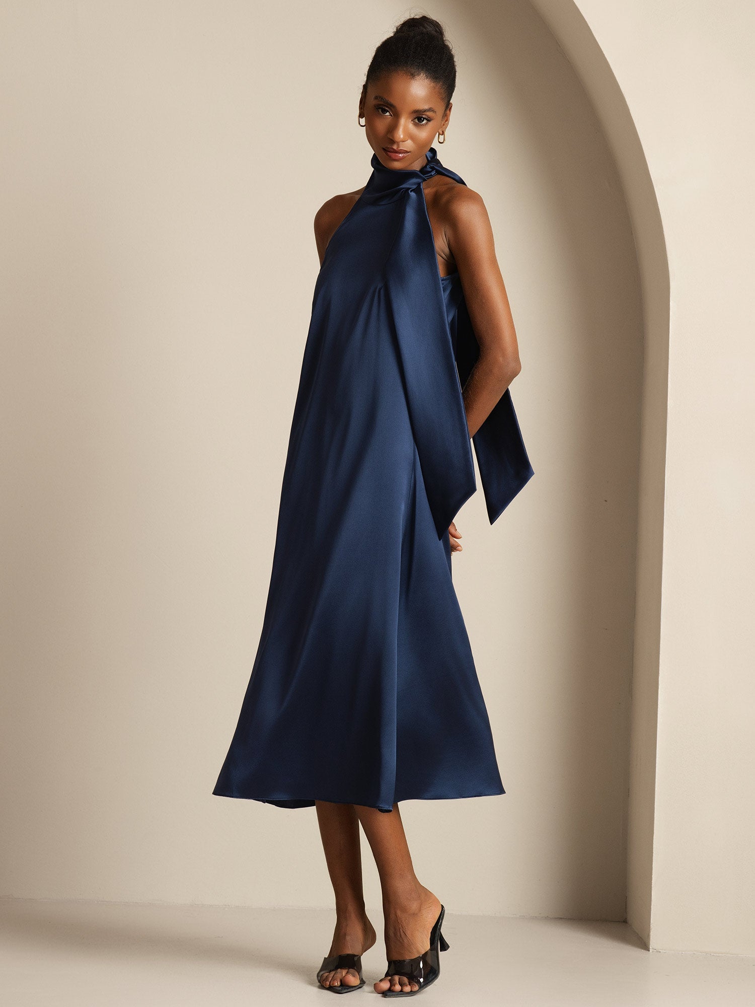 [Dark Blue] SilkSilky-AU 19Momme Silk Tie Neck Dress 003,