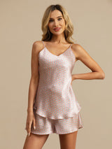 [Pink Heart Geo] SilkSilky-AU 19Momme Spaghetti Strap V Neck Camisole Set 005