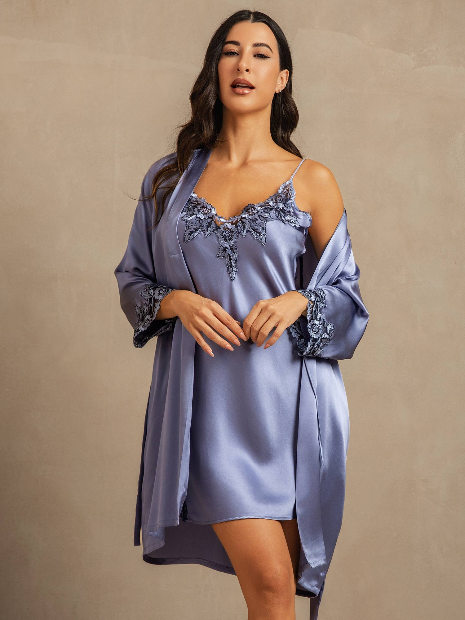 [Steel Blue] SilkSilky-AU Pure Silk 3/4 Sleeve V Neck Nightgown&Dressing Gown Set 003