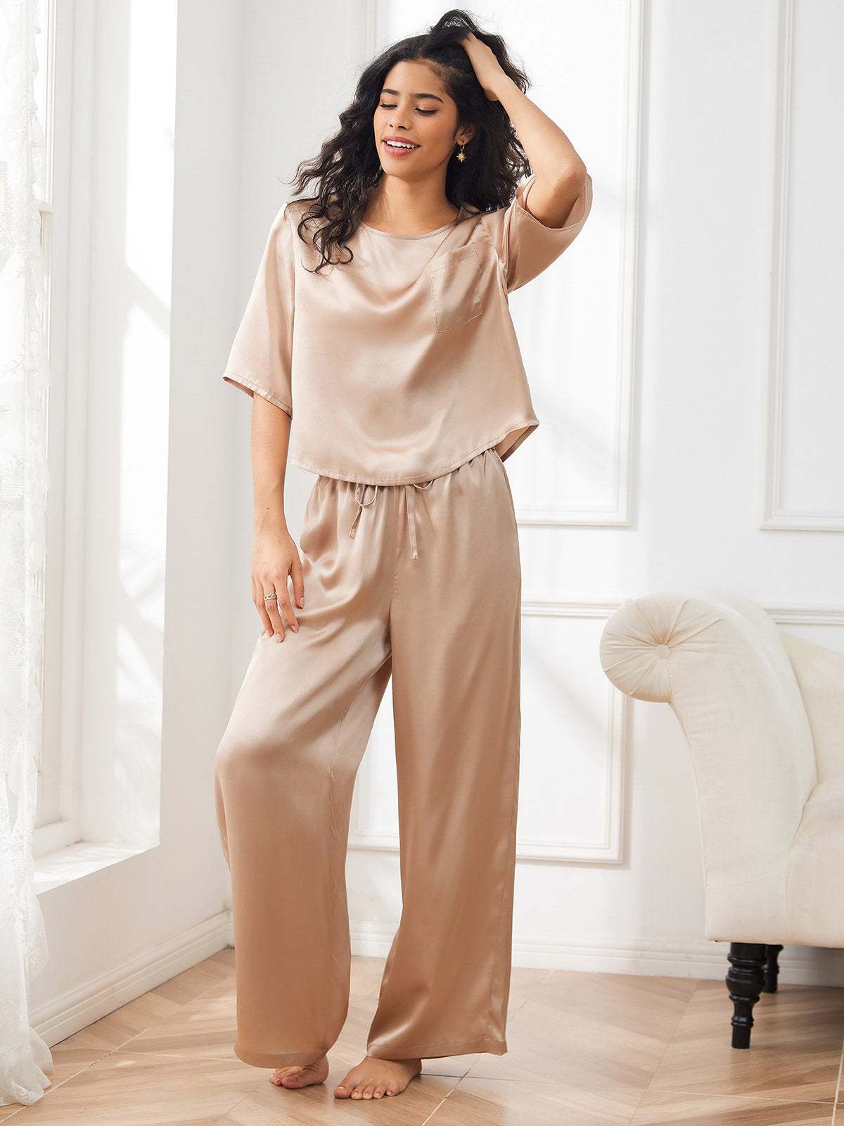 [Champagne] SilkSilky-AU Half Sleeve Round Neck Women's Pyjamas 001