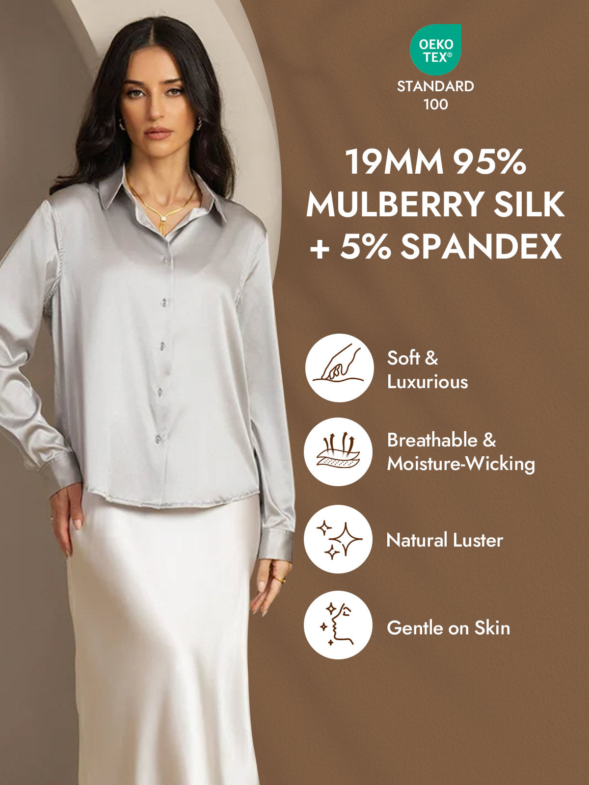 [Light Gray] SilkSilky-AU Silk Long Sleeve Lapel Collar Women's Shirt 004