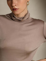[Khaki] SilkSilky-AU Silk Jersey Long Sleeve Turtle Neck Women's T-Shirt 007