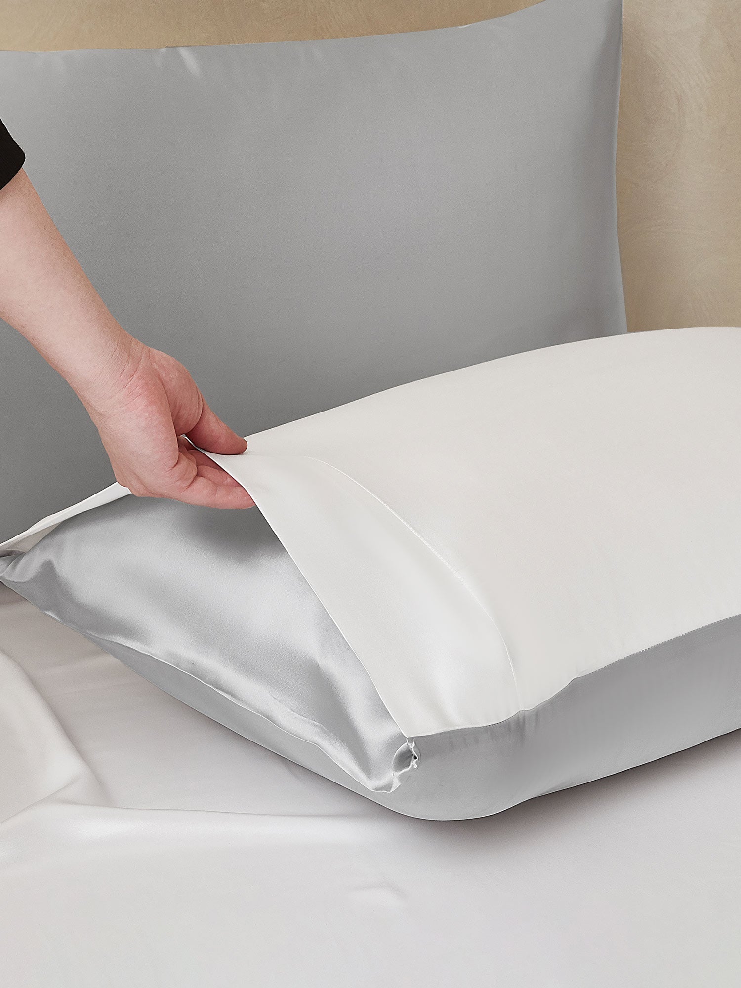 [LightGray+White] SilkSilky-AU 25Momme Pure Silk Bedding Set 005,