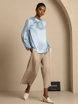 [Grayish Blue] SilkSilky-AU 19Momme Stretch Silk Charmeuse Long Sleeve Round Neck Blouse 007