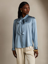 [Grayish Blue] SilkSilky-AU 19Momme Stretch Silk Charmeuse Long Sleeve Tie Neck Blouse 004