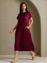 [Dark Red] SilkSilky-AU Short Sleeve Crew Neck Dress 007