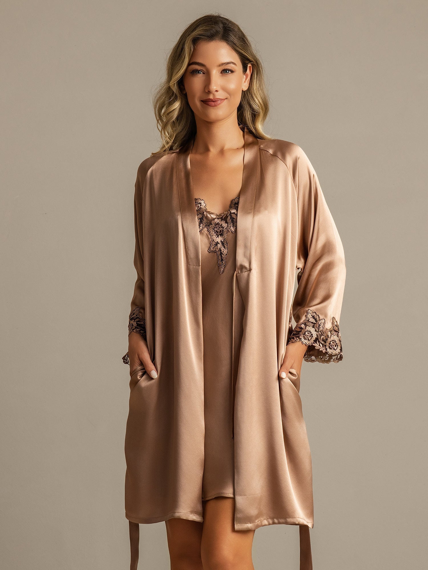 [Brown] SilkSilky-AU Pure Silk 3/4 Sleeve V Neck Nightgown&Dressing Gown Set 003