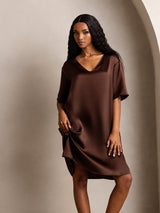 [Brown] SilkSilky-AU Half Sleeve V Neck Nightgown 001