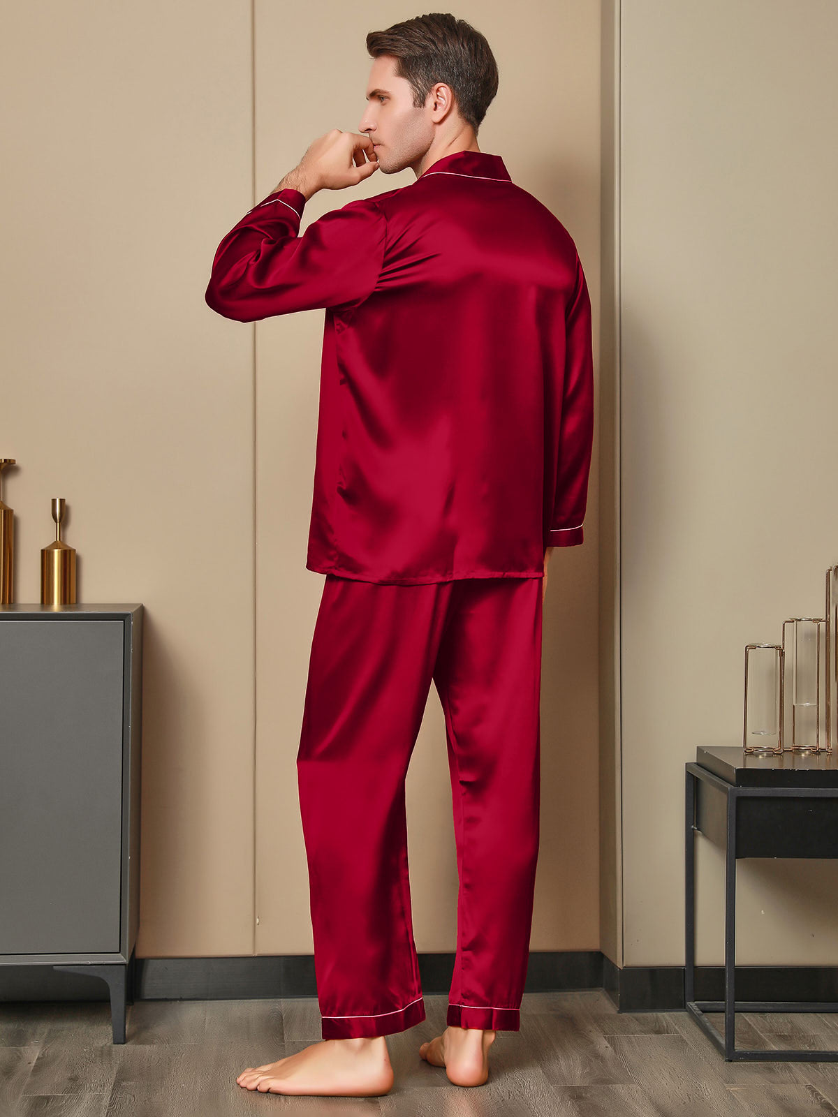 SilkSilky AU 19Momme Pure Silk Long Sleeve Lapel Men's Pyjamas Red 002