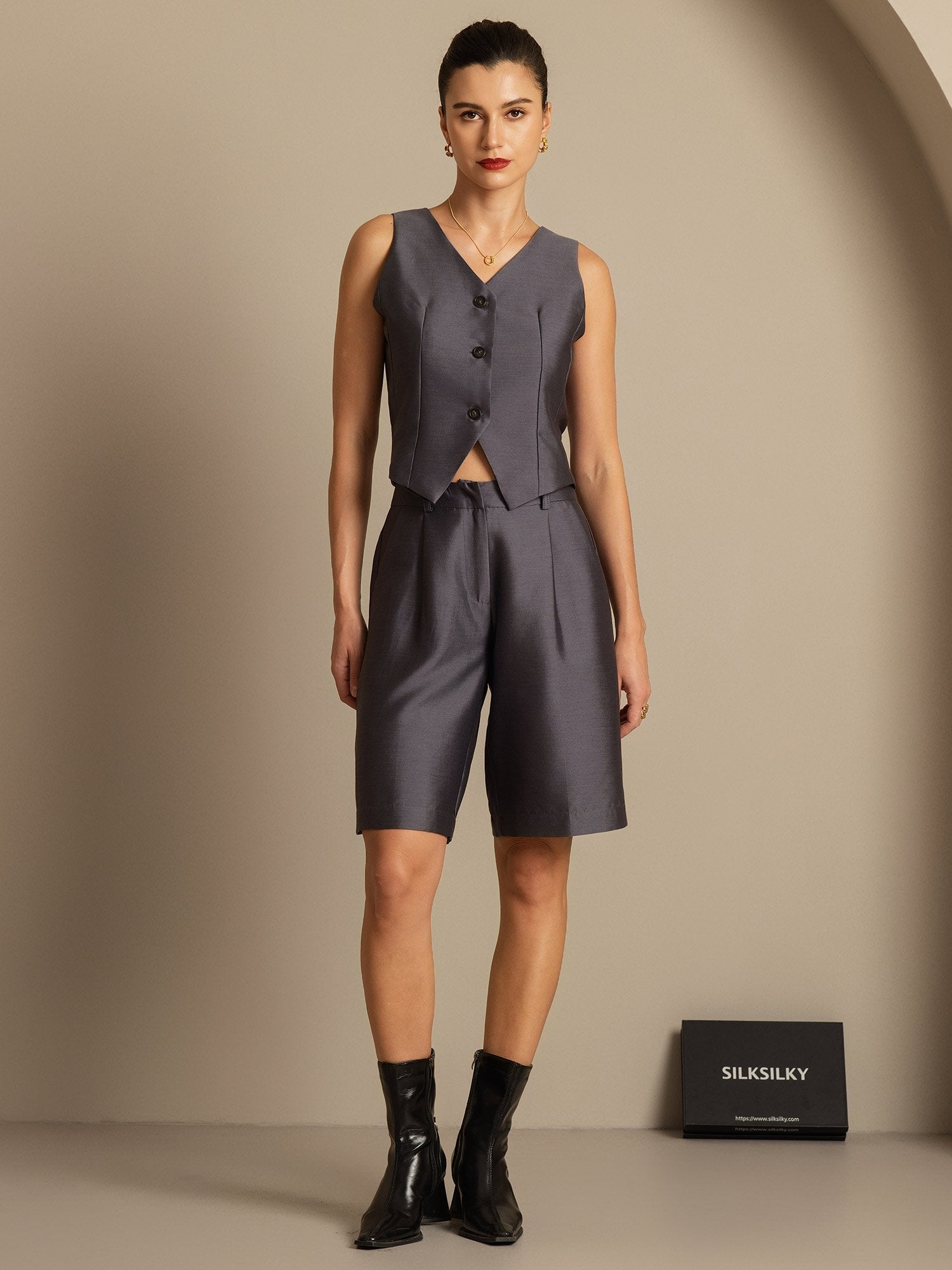 [Gray] SilkSilky-AU 32Momme Wool V Neck Women's Vest 001,