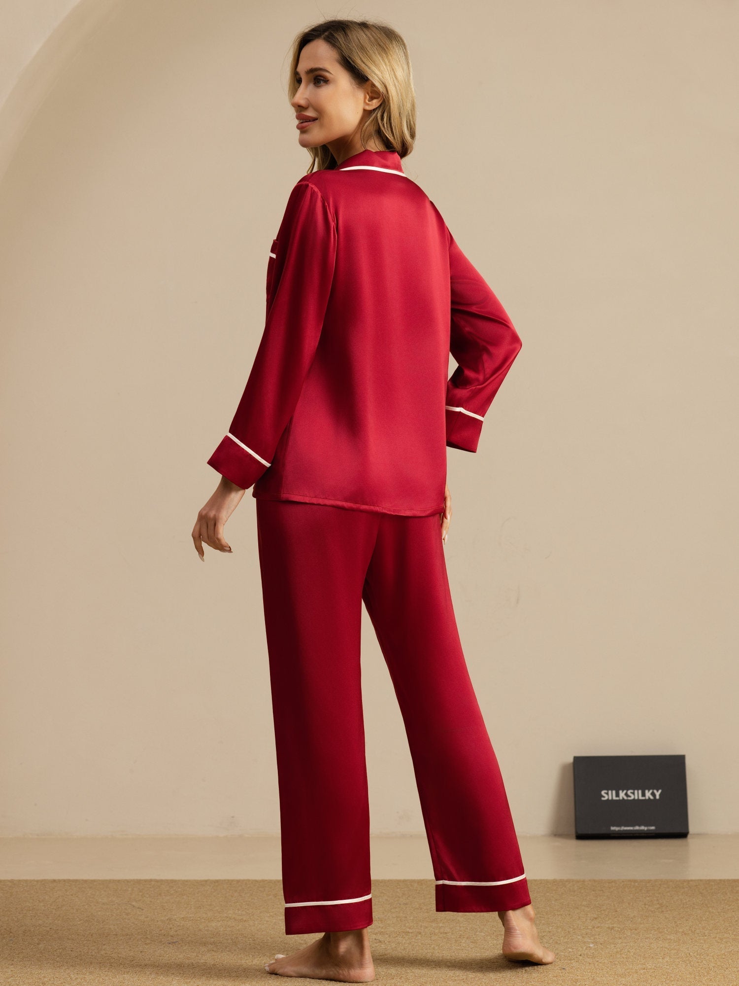 [Wine] SilkSilky-AU Pure Silk Long Sleeve Lapel Collar Women's Pyjamas 002