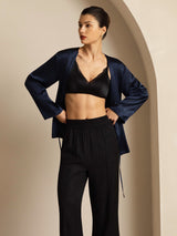 [Dark Blue] SilkSilky-AU 19Momme Stretch Silk Charmeuse Long Sleeve Women's Outerwear 007