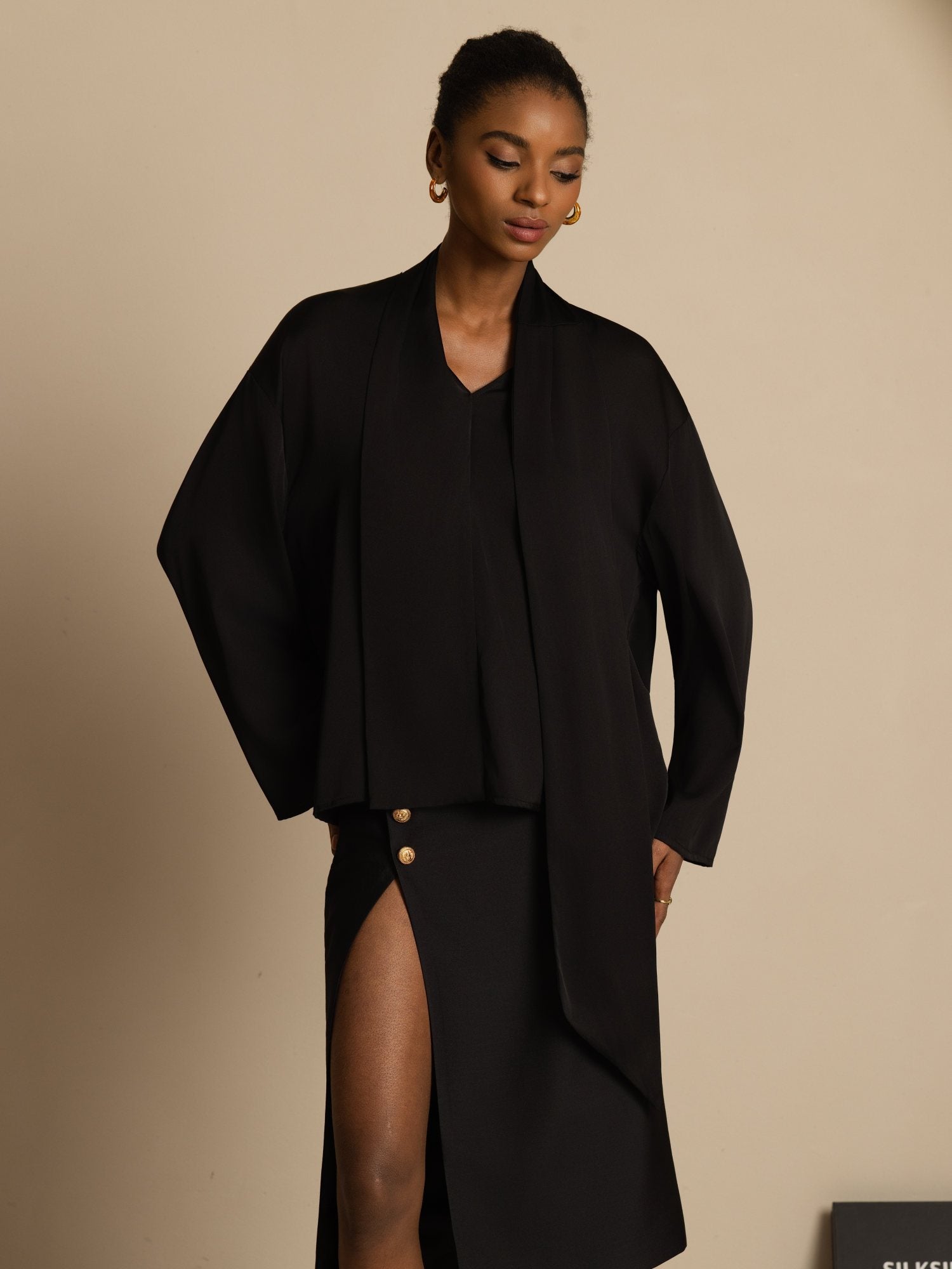 [Black] SilkSilky-AU 19Momme Stretch Silk Double Georgette Long Sleeve V Neck Blouse 005