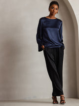 [Dark Blue] SilkSilky-AU Long Sleeve Boat Neck Blouse 006