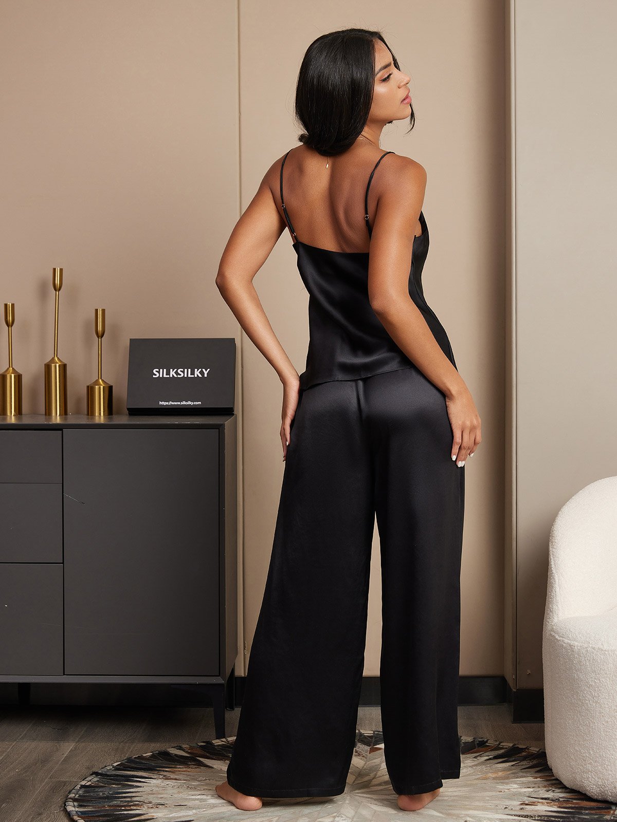 [Black] SilkSilky-AU Spaghetti Strap V Neck Camisole Set 002