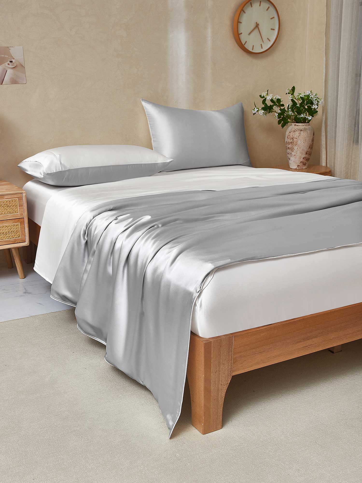 [LightGray+White] SilkSilky-AU 19Momme Pure Silk Bedding Set 003,