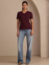 [Wine] SilkSilky-AU Short Sleeve V Neck Women's T-Shirt 005