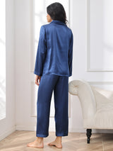 [Dark Blue] SilkSilky-AU Long Sleeve Lapel Collar Women's Pyjamas 002