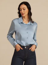 [Grayish Blue] SilkSilky-AU Long Sleeve Lapel Collar Women's Shirt 005
