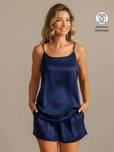 [Dark Blue] SilkSilky-AU 19Momme Machine-Washable Silk Sleeveless Round Neck Camisole Set 001