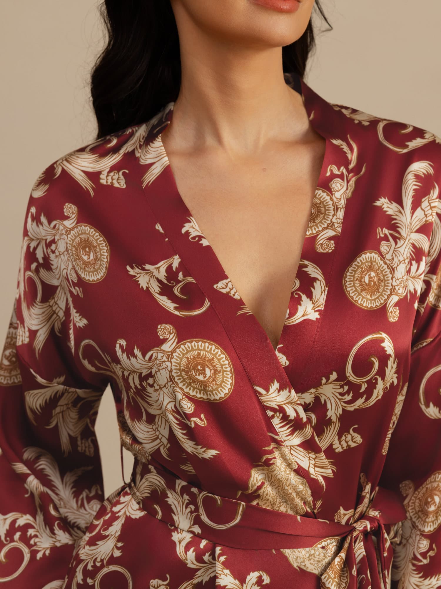 [Wine Dragon] SilkSilky-AU 3/4 Sleeve V Neck Women's Dressing Gown 006
