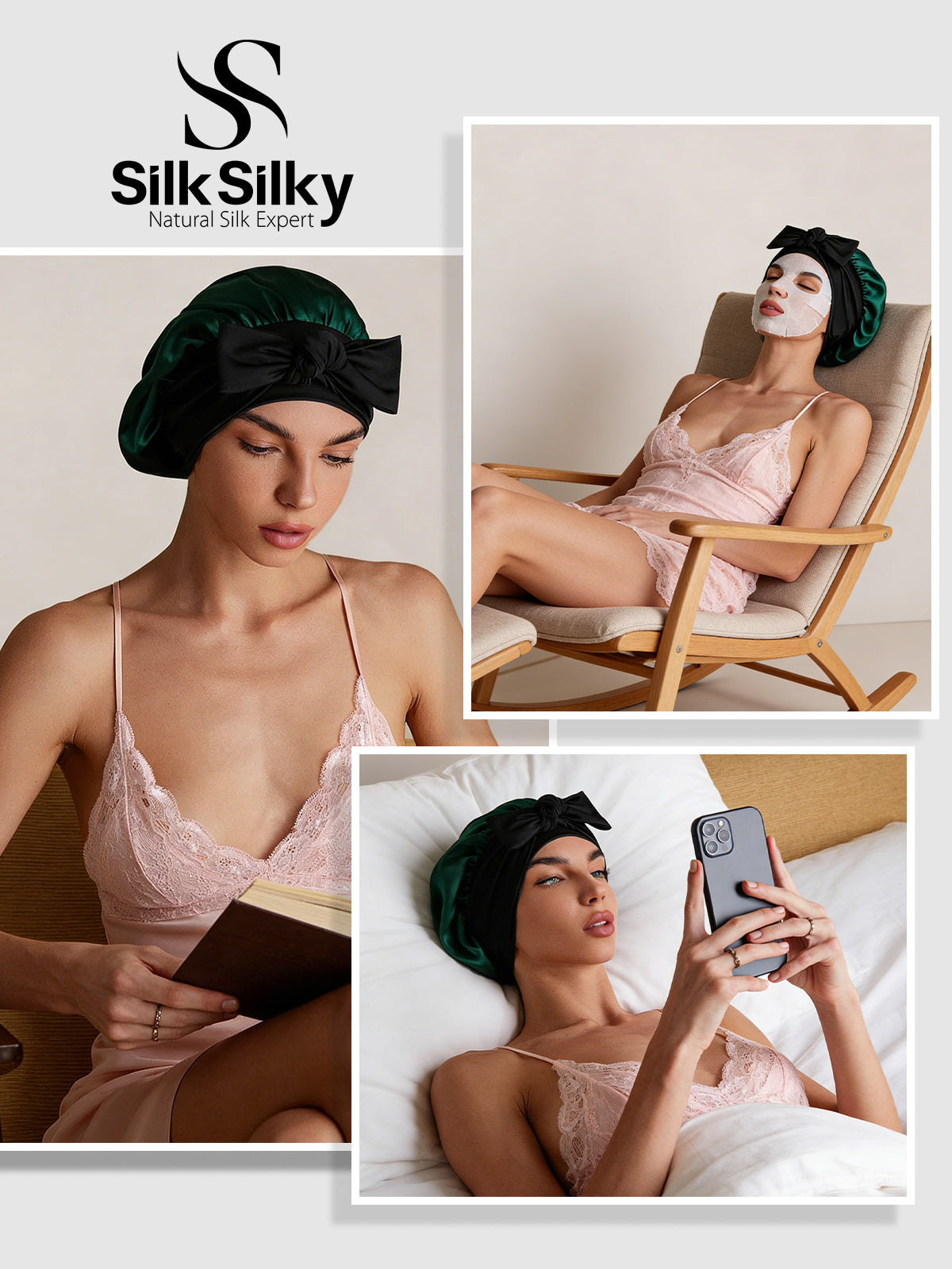 [Dark Green] SilkSilky-AU Pure Silk Sleep Cap 005