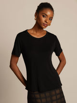 [Black] SilkSilky-AU 100% Silk Jersey Short Sleeve Round Neck Women's T-Shirt 001