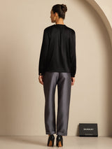 [Black] SilkSilky-AU 19Momme Stretch Silk Charmeuse Long Sleeve Round Neck Blouse 002