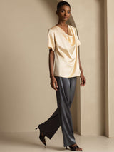 [Champagne] SilkSilky-AU Short Sleeve Cowl Neck Women's Blouse 007