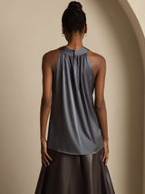 [Dark Gray] SilkSilky-AU 19Momme Stretch Silk Charmeuse Sleeveless Halter Women's T-Shirt 002