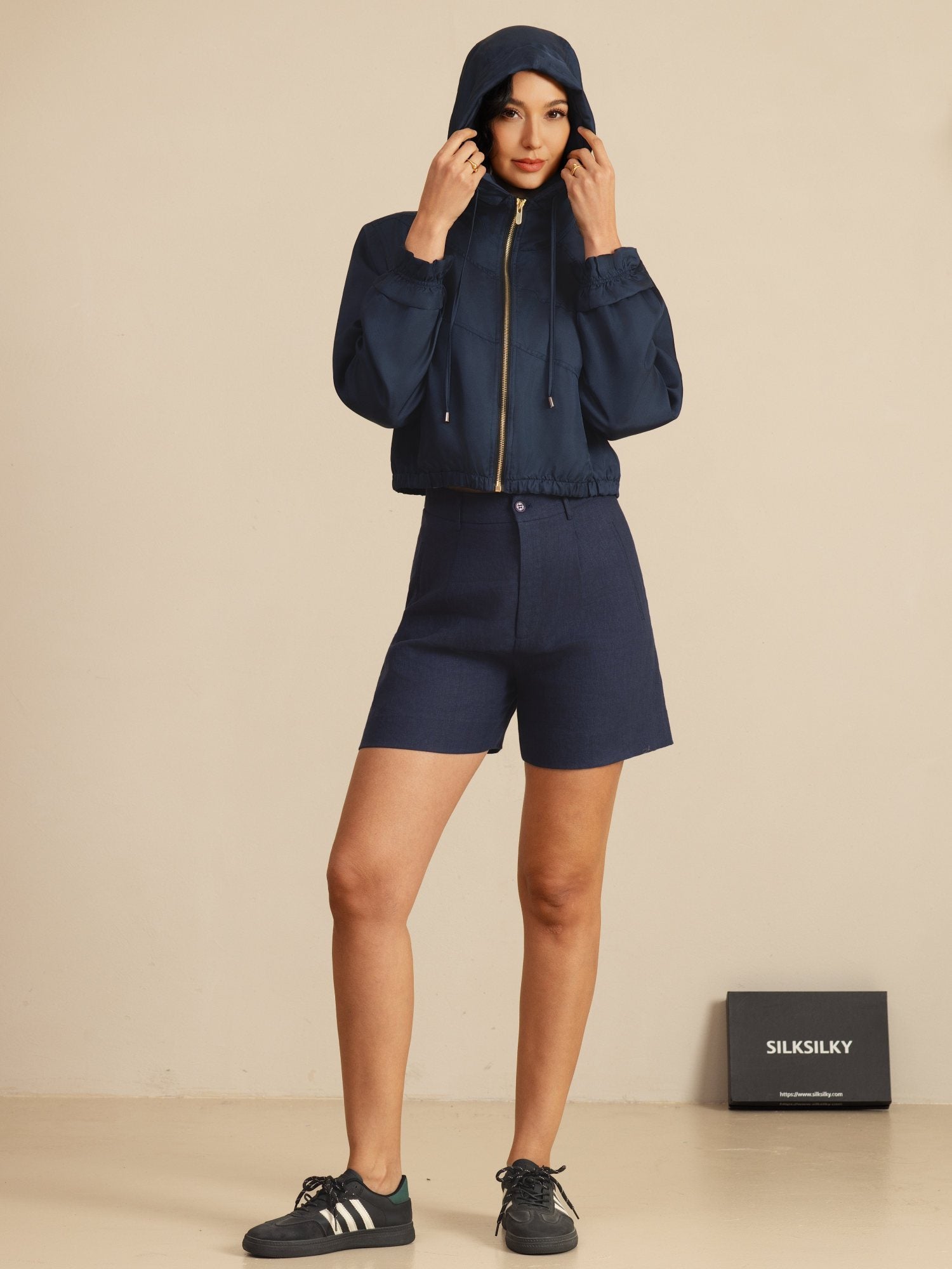 [DarkBlue] SilkSilky-AU 18Momme Silk Satin Surah Long Sleeve High Neck Women's Outerwear 008