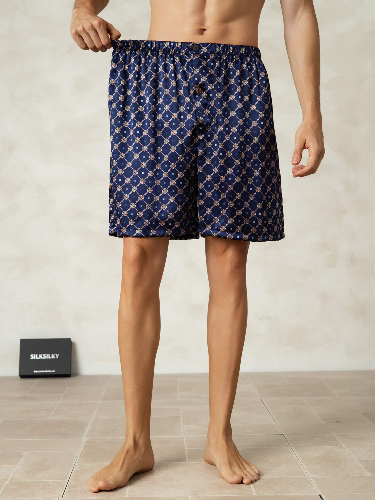 [Navy Chain] SilkSilky-AU Pure Silk Mens Sleep Bottoms 005,