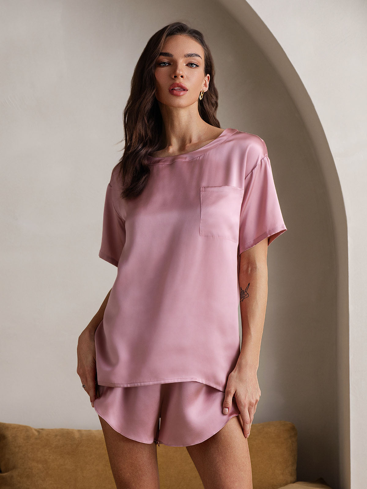 [Pale Mauve] SilkSilky-AU Short Sleeve Round Neck Women's Pyjamas 004