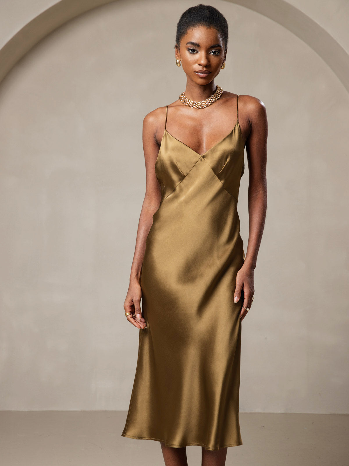 [Brown] SilkSilky-AU 19Momme Pure Silk V Neck Dress 004
