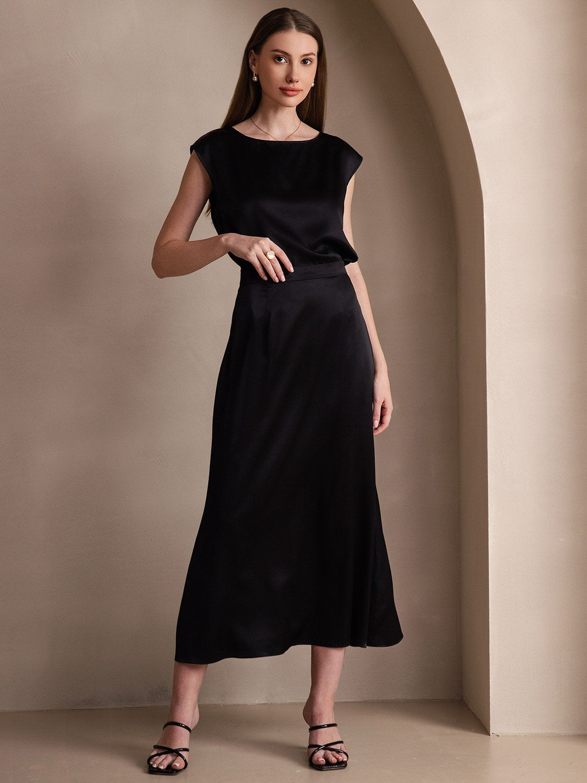 [Black] SilkSilky-AU 19Momme Stretch Silk Charmeuse Skirt 003