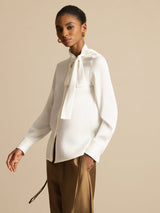[White] SilkSilky-AU 19Momme Stretch Silk Charmeuse Long Sleeve Tie Neck Blouse 006