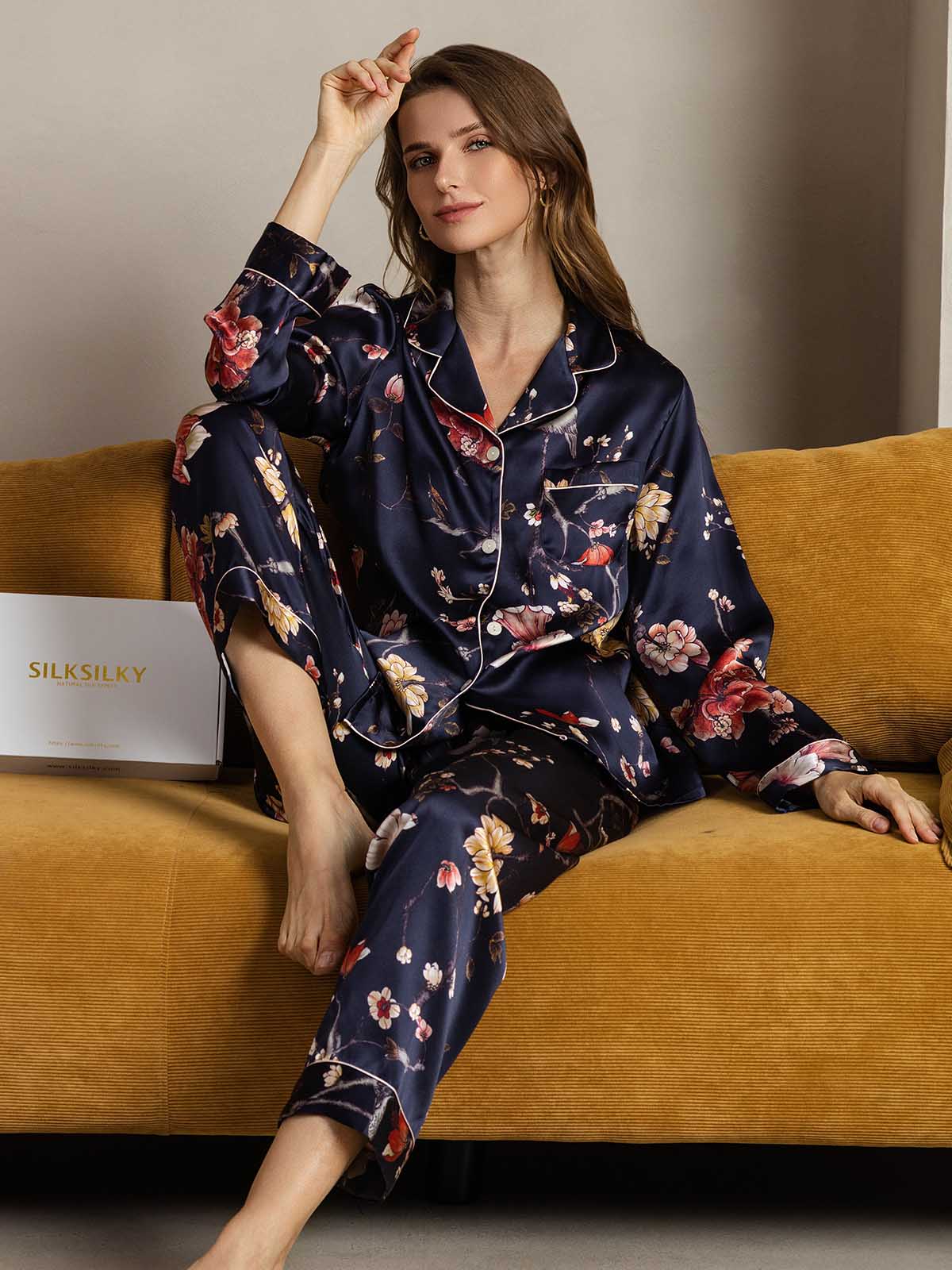 [Navy Floral] SilkSilky-AU Pure Silk Womens Pajamas 003