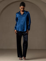 [Teal] SilkSilky-AU Long Sleeve Lapel Collar Women's Shirt 004