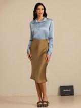 [Grayish Blue] SilkSilky-AU Long Sleeve Lapel Collar Women's Shirt 007