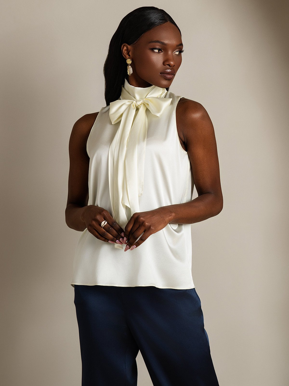 SilkSilky-AU 19Momme Silk Tie Neck Women's Shirt Ivory 005
