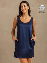 [Dark Blue] SilkSilky-AU 19Momme Machine-Washable Silk Sleeveless Scoop Neck Nightgown 001